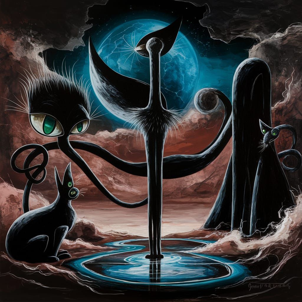 Surreal Black Cats Gothic Painting with Blue Globe