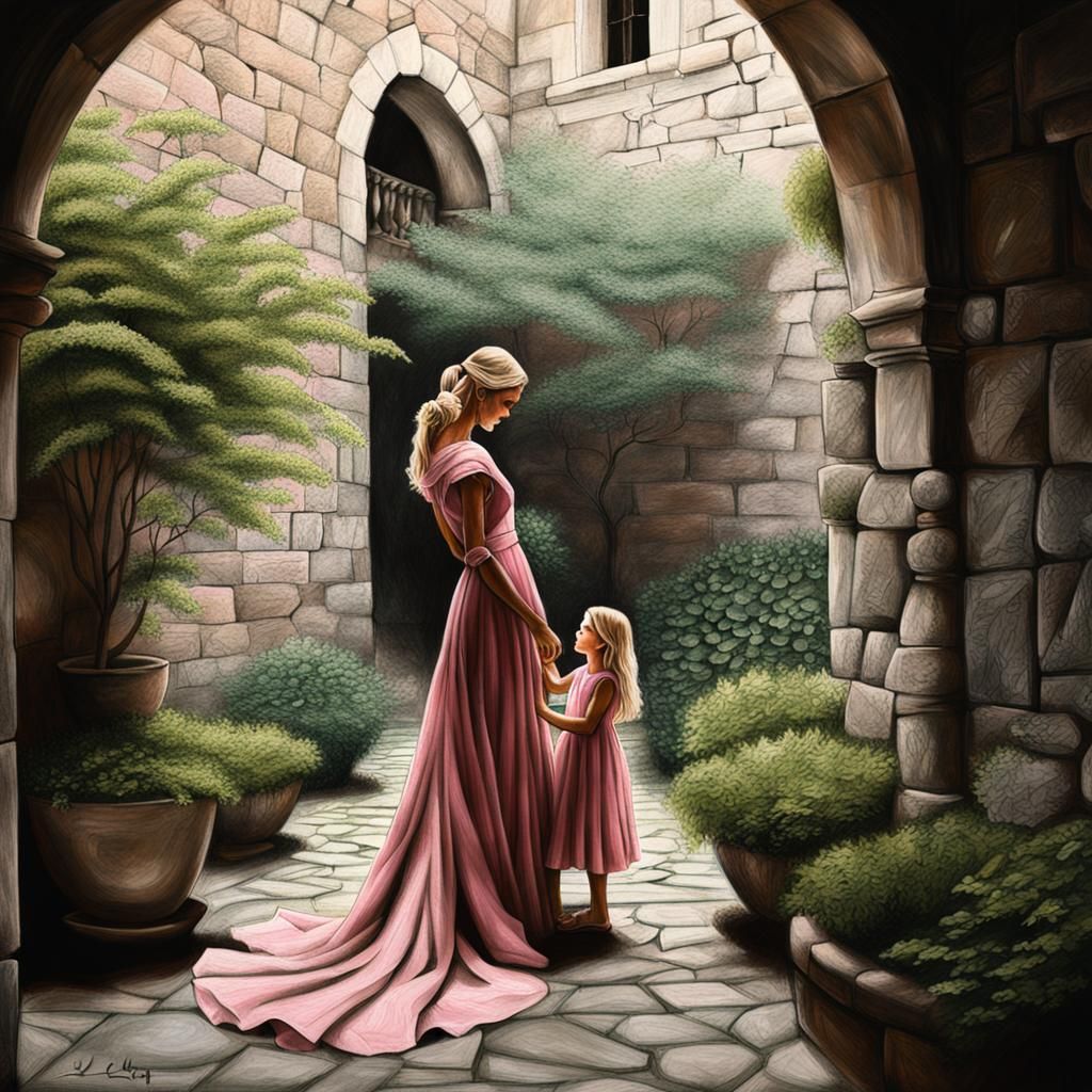 Blonde Woman in Pink Gown: Charcoal Drawing