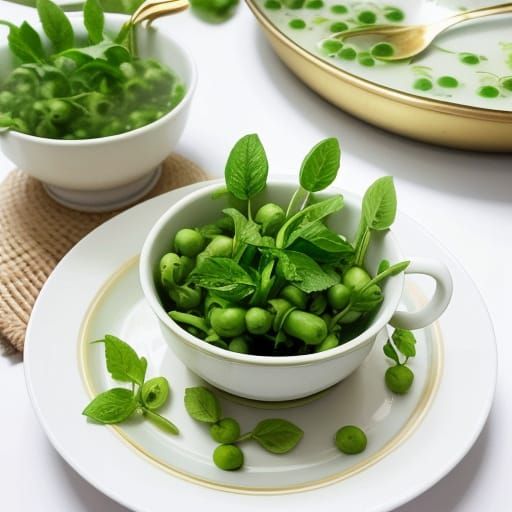 Steamed Baby Peas with Mint and Butter in Ceramic Dish