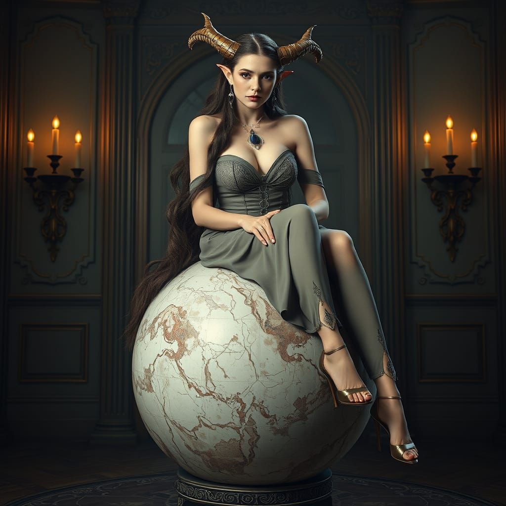 Elven Woman on Marble Sphere in Hyperrealistic Style