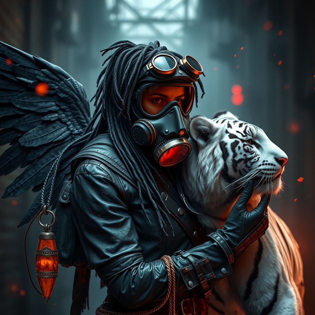 Archangel with Black Wings and White Tiger