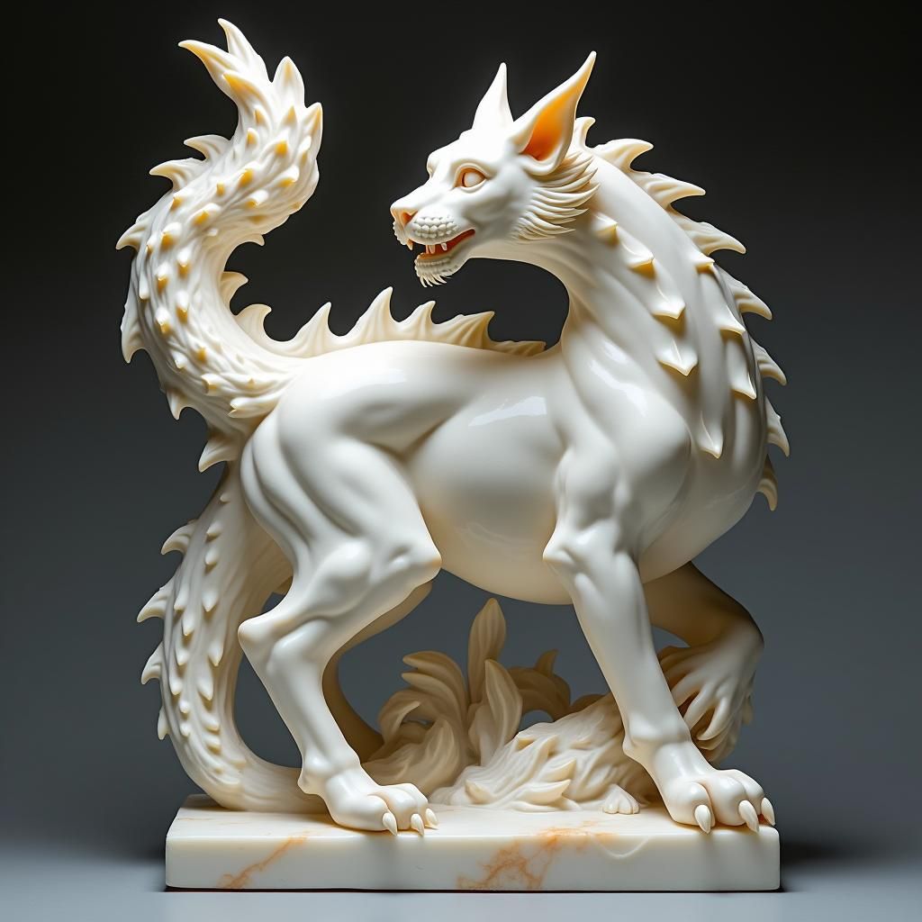 Baroque Marble Sculpture of Cat Dragon