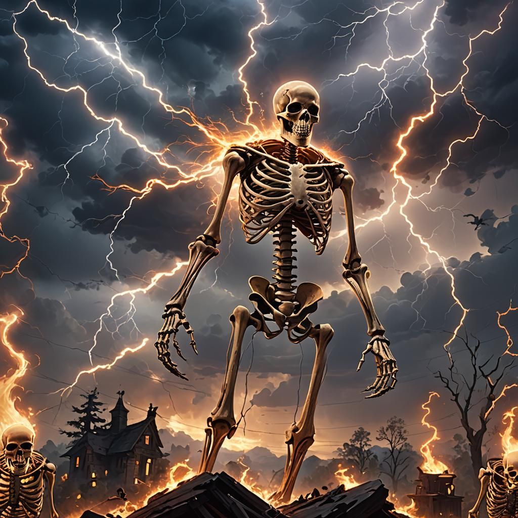 Skeleton Mage Weaving a Spell Under Stormy Sky