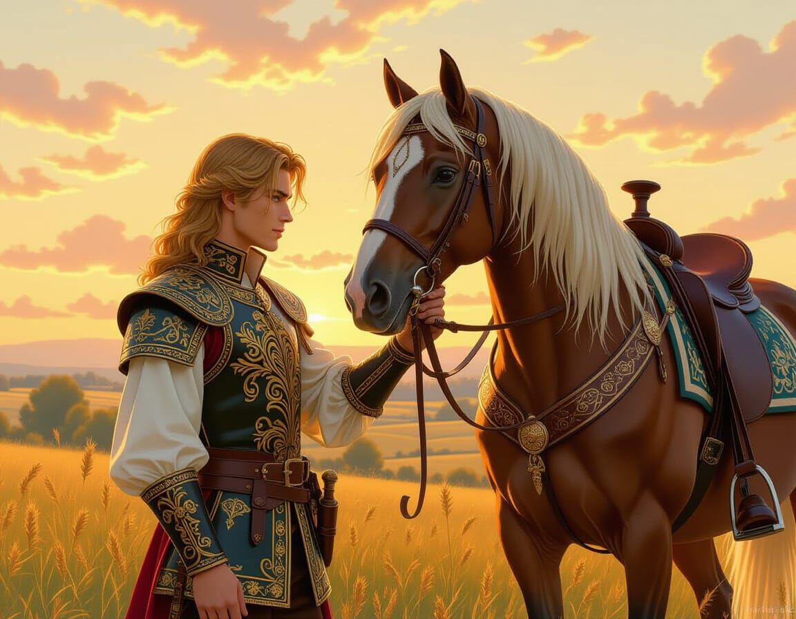 Medieval Man Petting Horse in Anime Style