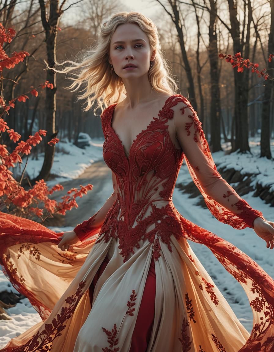 Stunning Blonde in Red Gown: Hyper-Realistic Digital Art