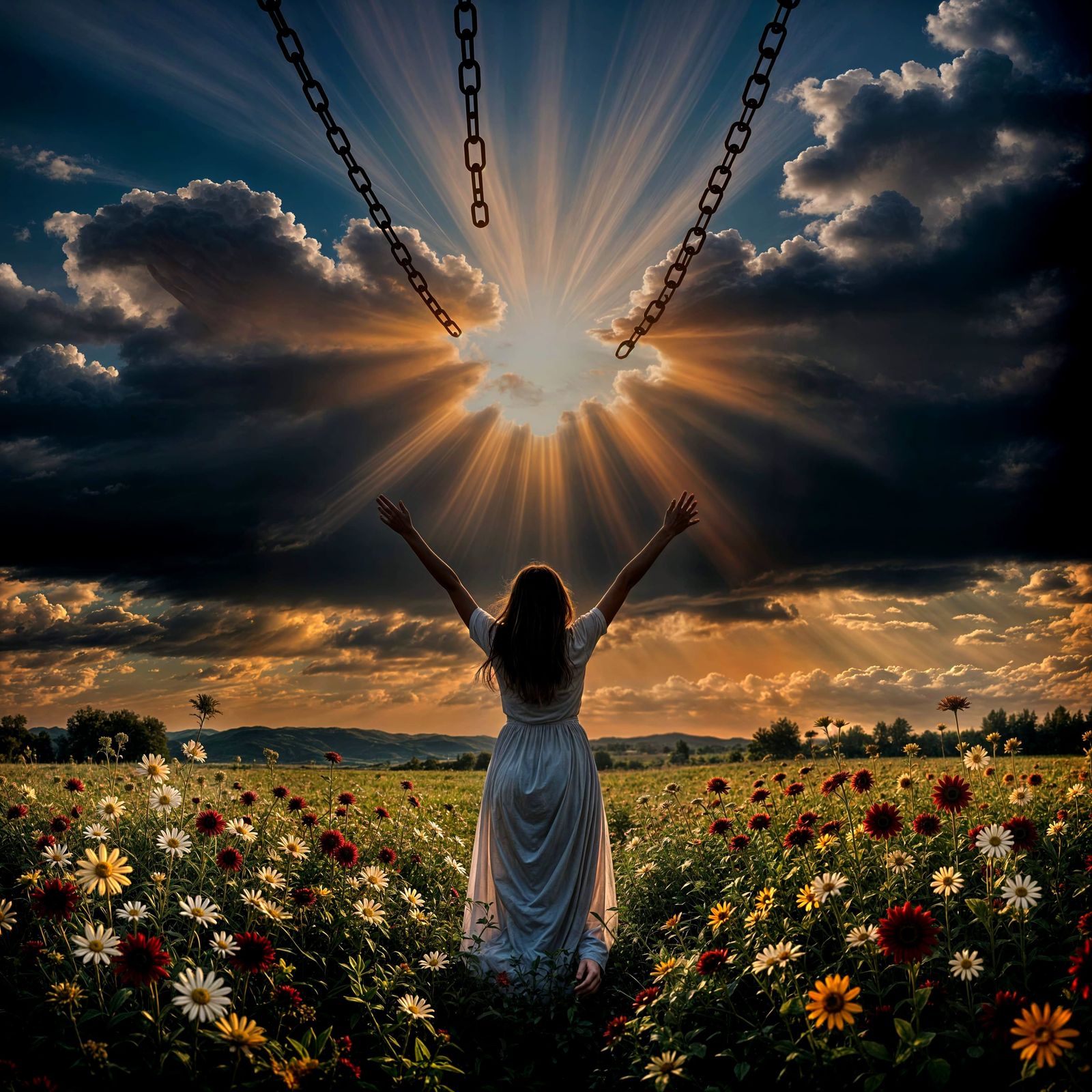 Woman Breaking Chains in Sunrise Field