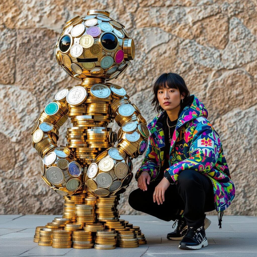 Person Beside Coin Sculpture in Pop Art Psychedelic Style
