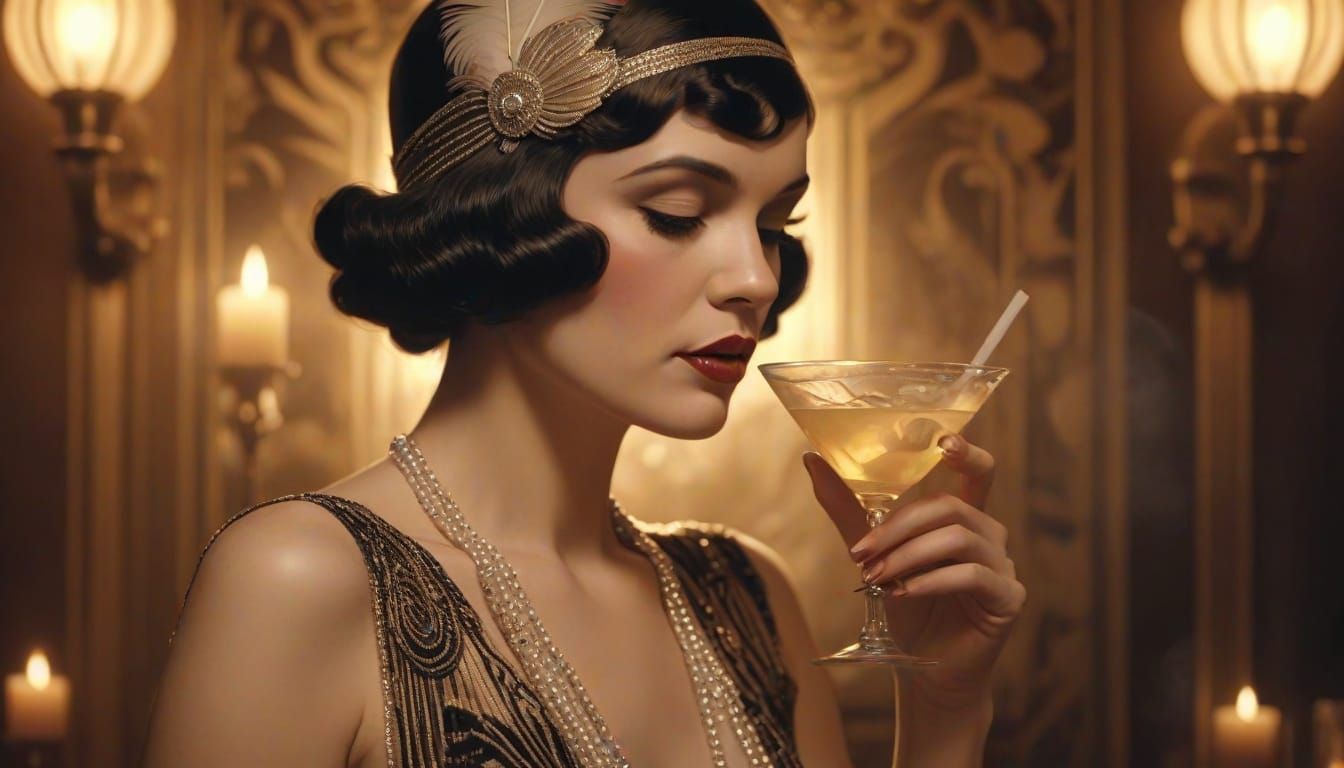 Flapper in Speakeasy: Art Deco Vintage Oil Painting