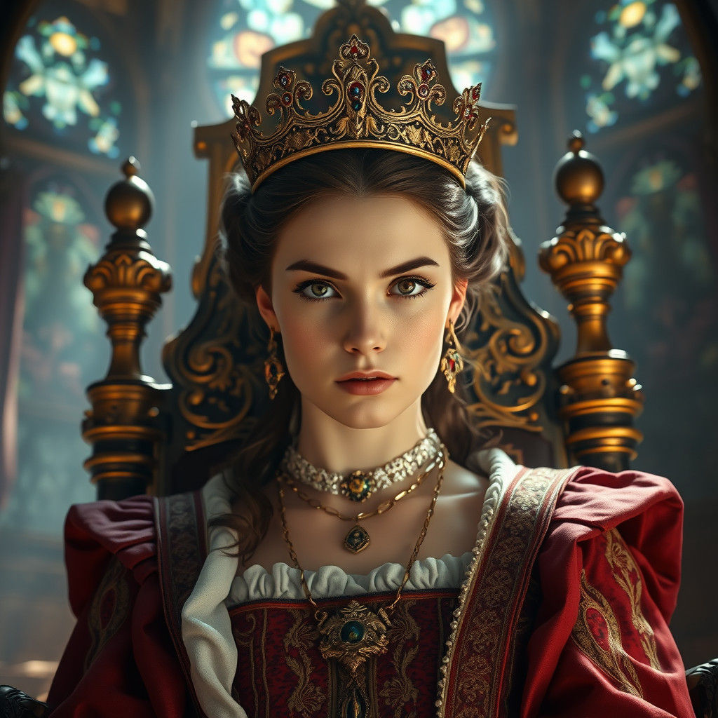 Young Queen Elizabeth Portrait in Ornate Throne Room