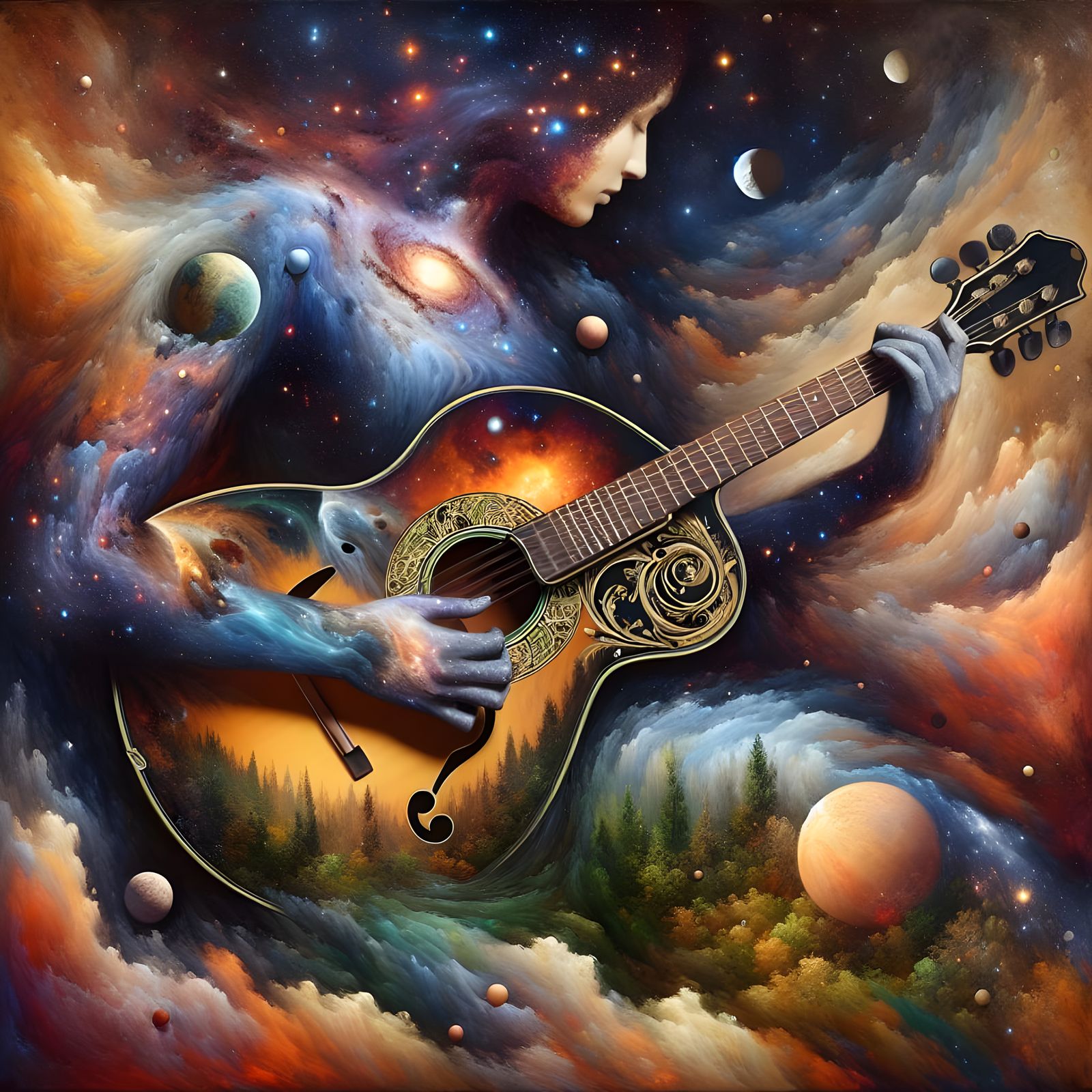 Surrealist Woman Plays Cosmic Mandolin with Lush Forest