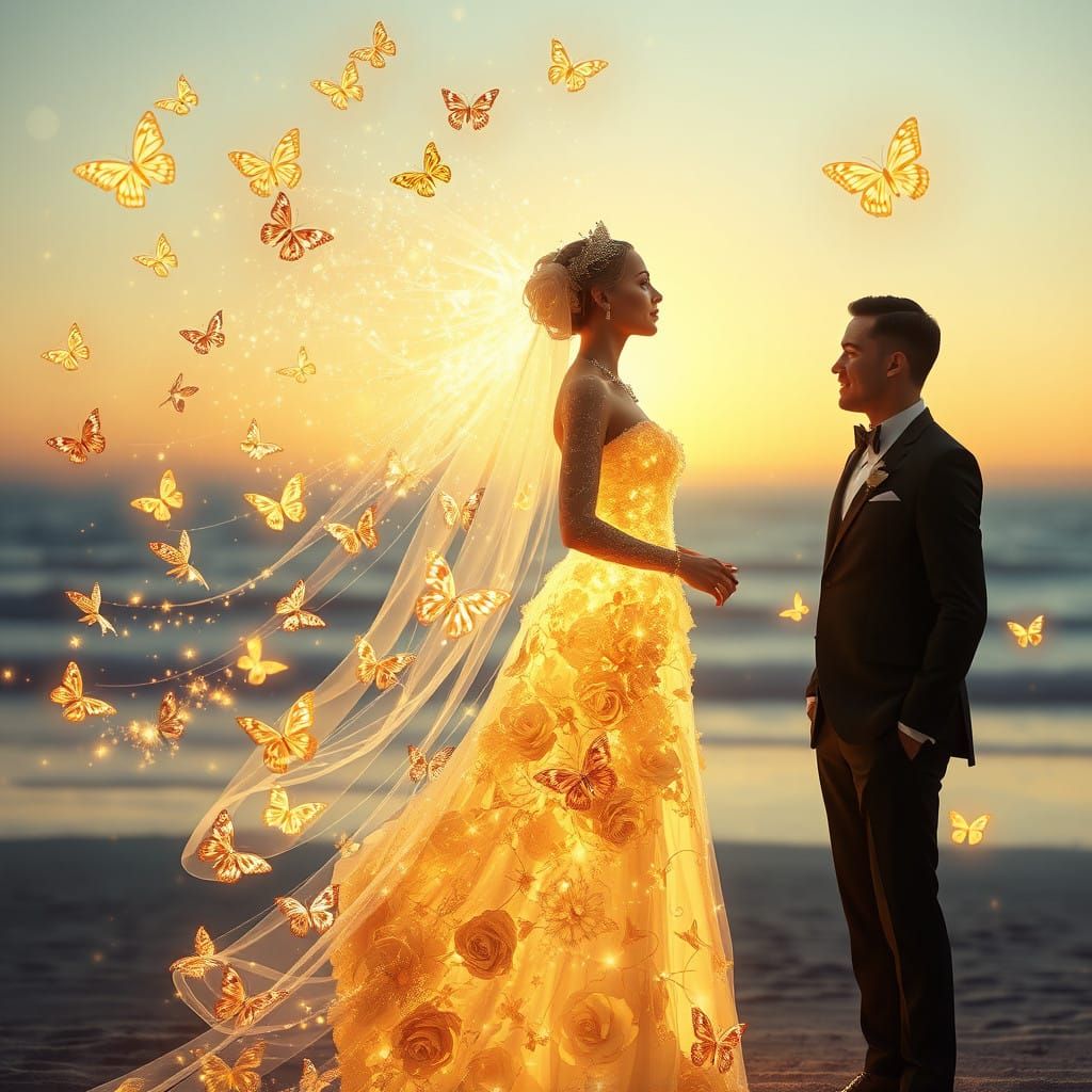 Golden Bride Radiates Surreal Majesty in a Solarpunk Wedding...