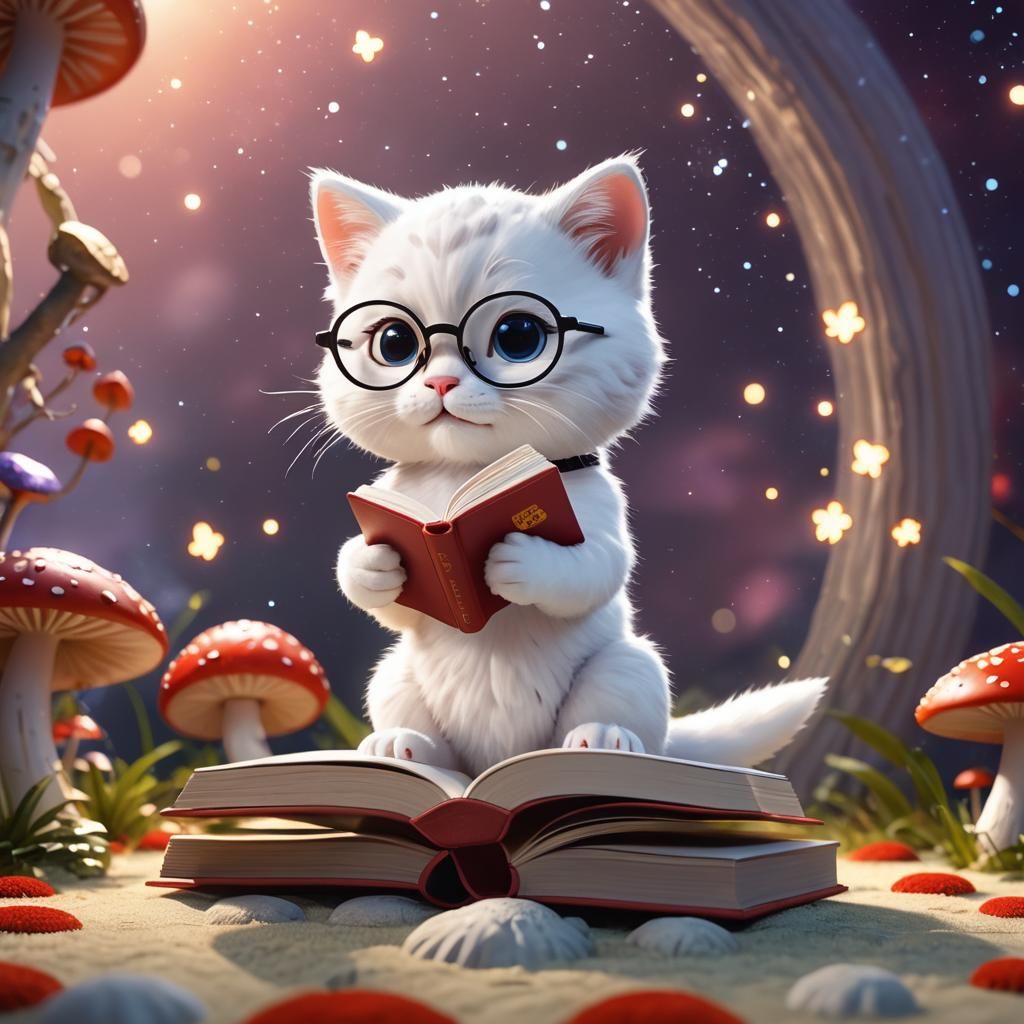 Cute Kitty Reads Book on Mushroom, 3D Digital Art