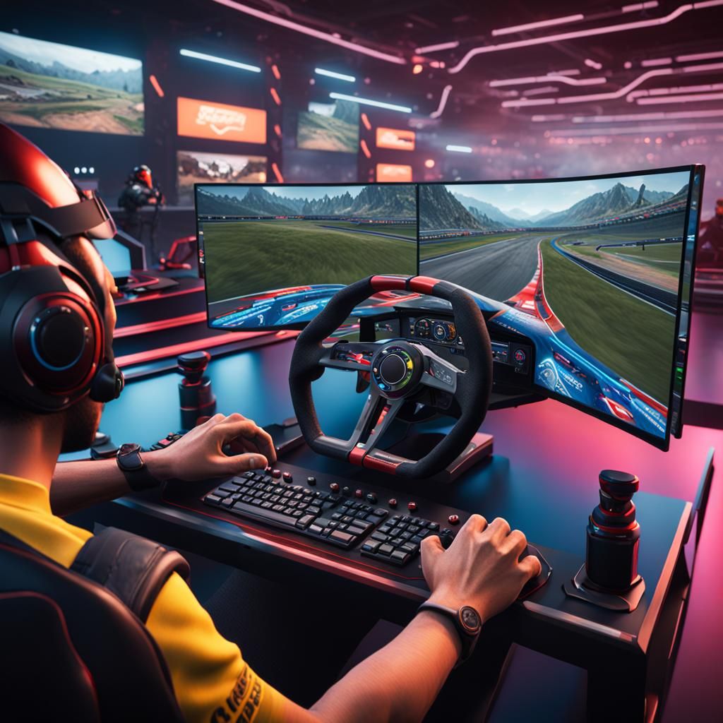 A simrace PC player playing a car race pc game