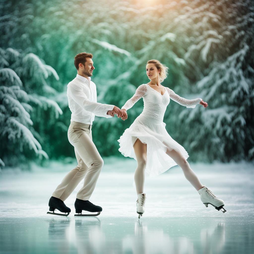 Romantic Couple Figure Skating on Emerald Ice