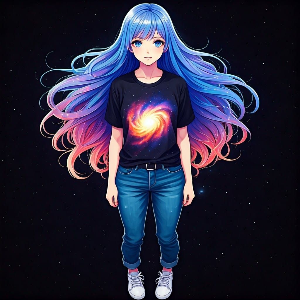 Ethereal Anime Woman Swirls with Cosmic Nebula Patterns