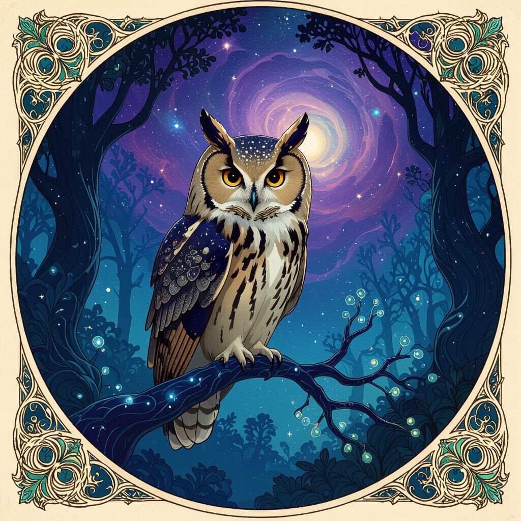 Majestic Owl on Bioluminescent Branch in Alien Forest
