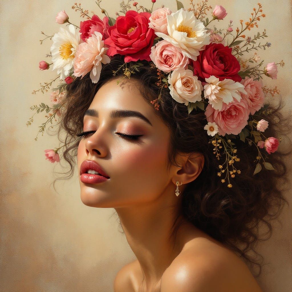 Stunning Portrait of a Woman in a Vibrant Floral Crown