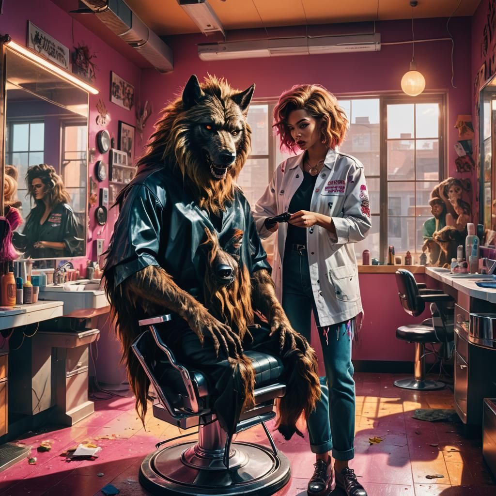 Werewolf Haircut in Beauty Parlor: Hyperrealistic Splash Art