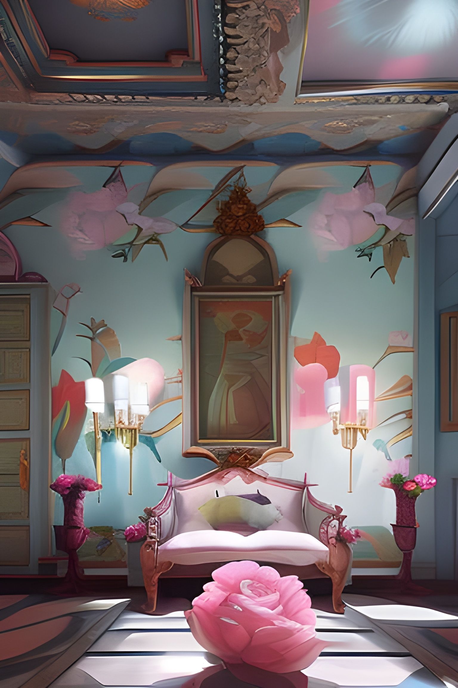 Cyberpunk-Rococo Italian Villa Interior with Peonies