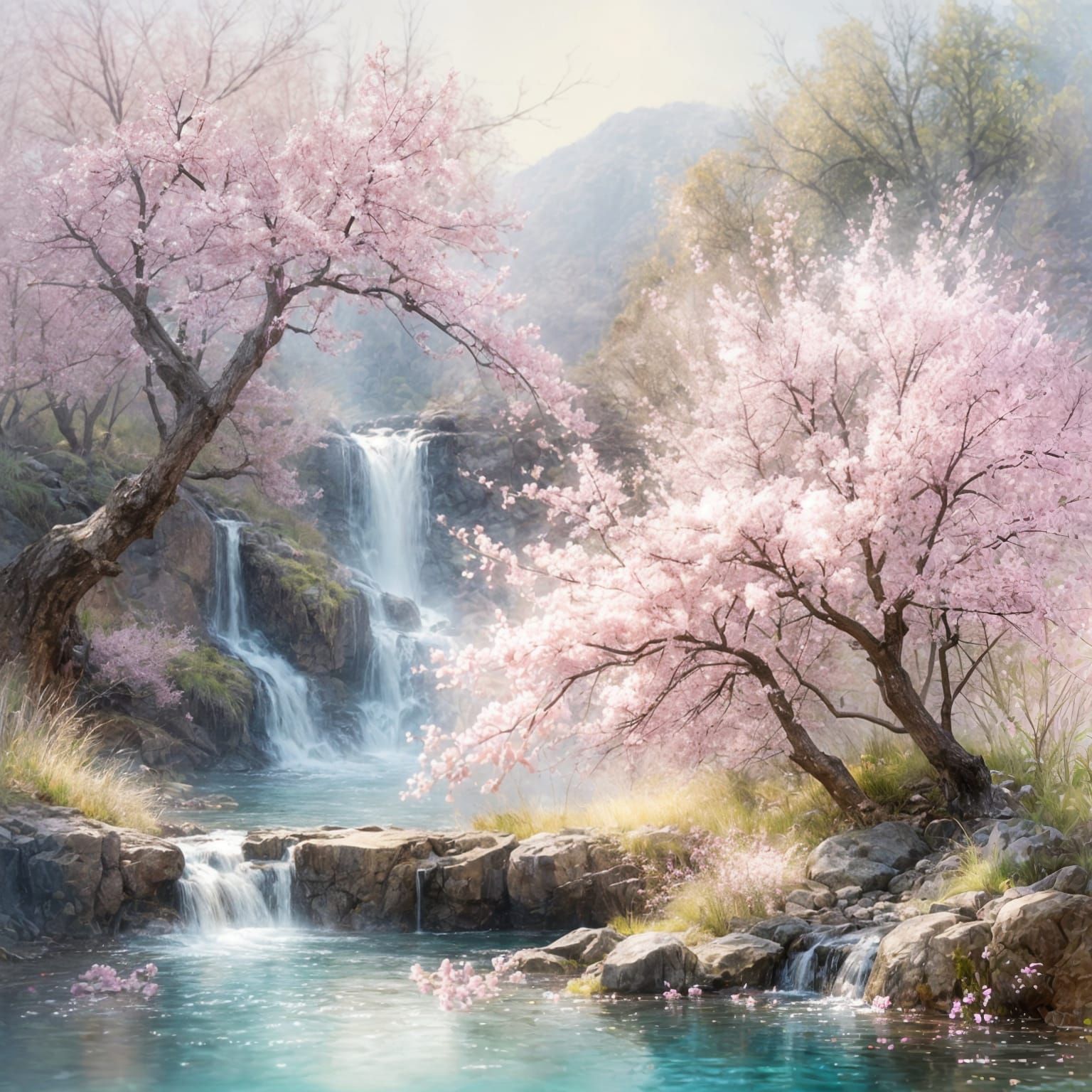 Pink Cherry Blossom Tree by Waterfall