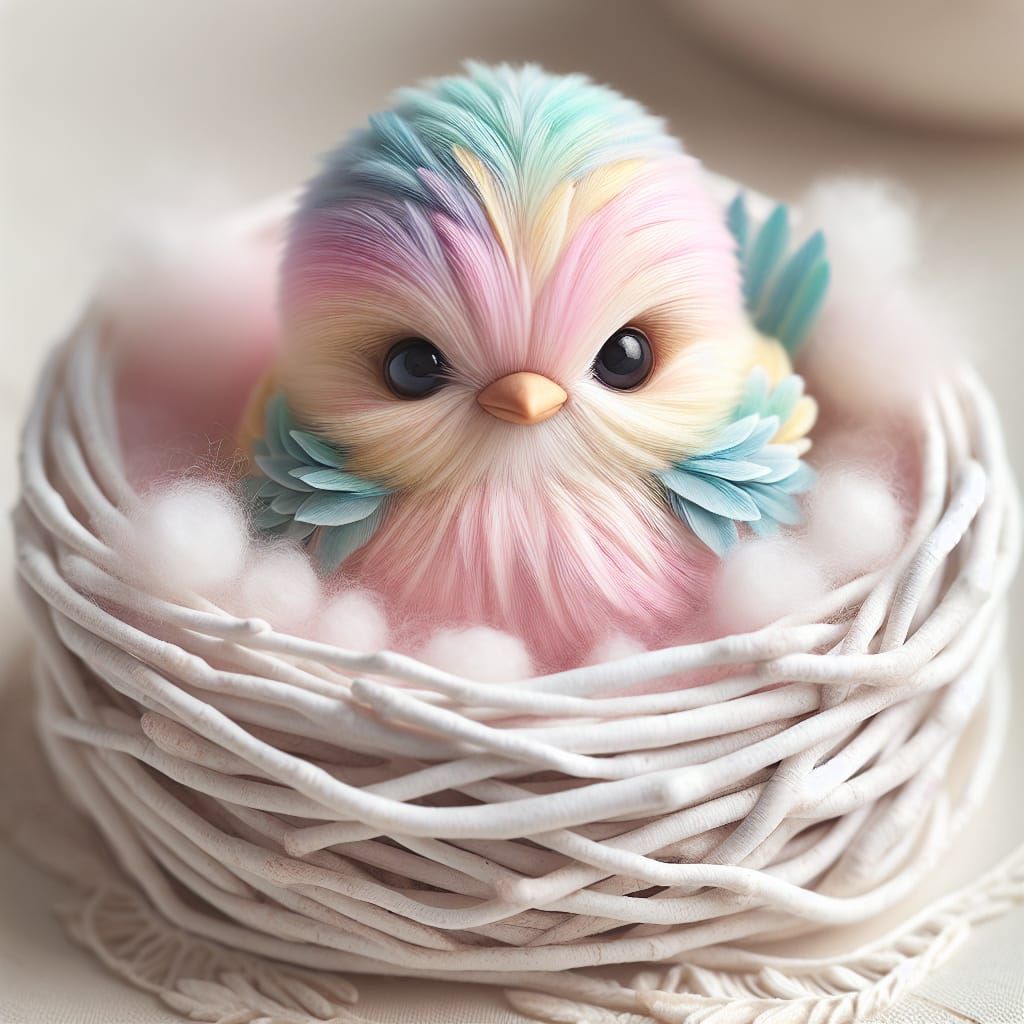 A baby bird made entirely of pastel feathers, sitting in a w...
