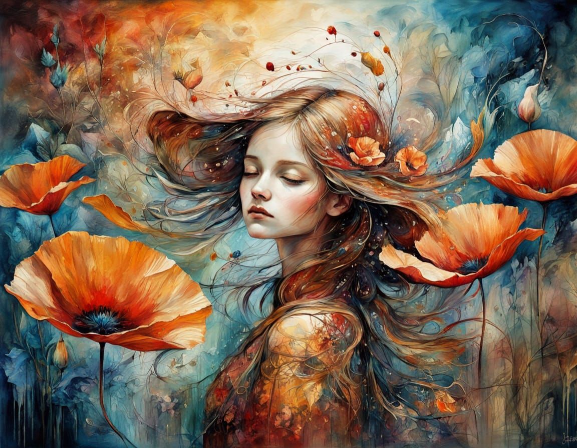 Ethereal Art Nouveau Cafe with Poppies