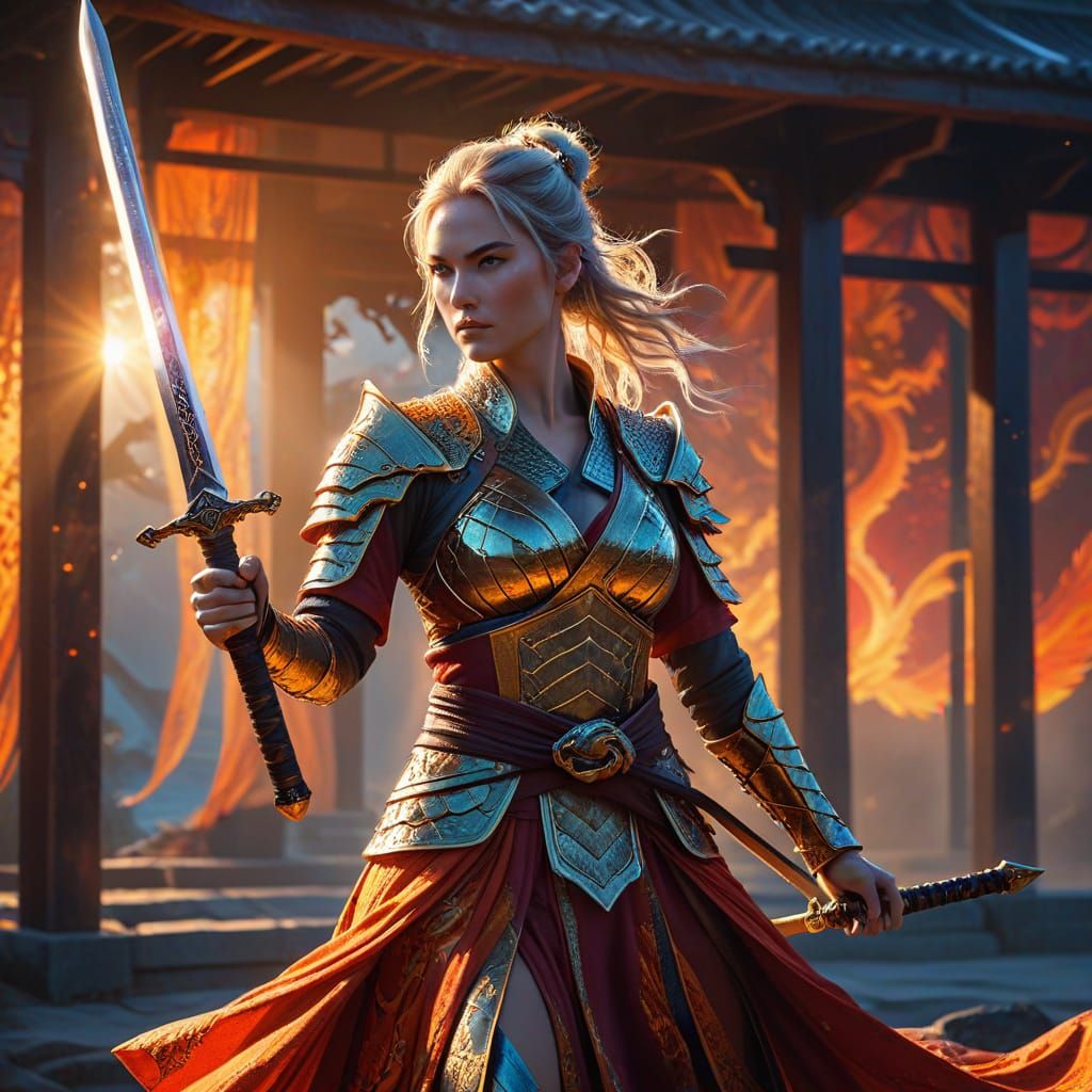Fierce Warrior Maiden with Legendary Sword: Digital Art