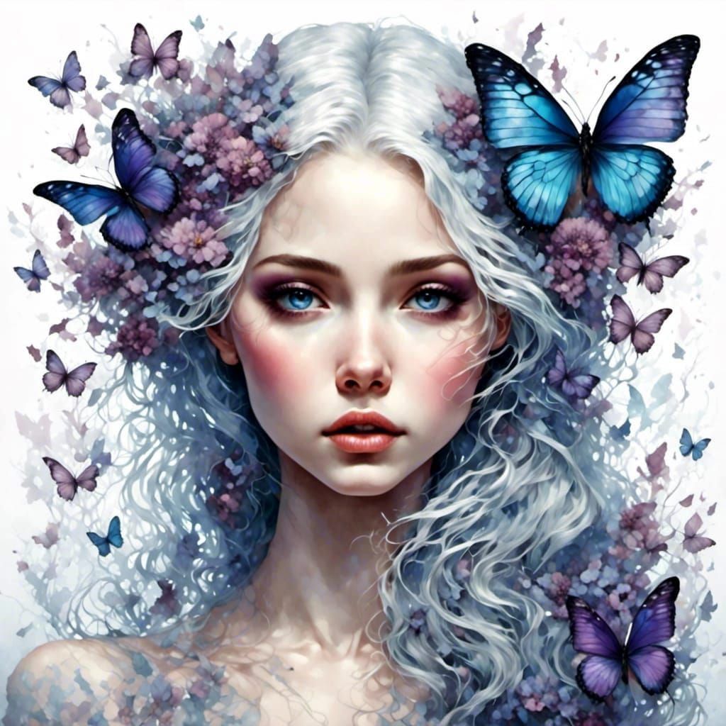 Beautiful Woman with Butterflies in Folklore Style