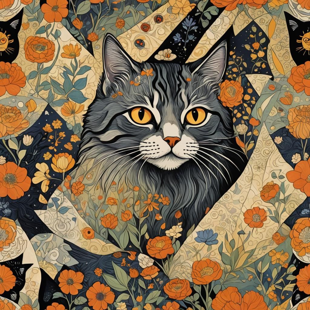Cat Flying Paper Plane in Textile Lithography Style