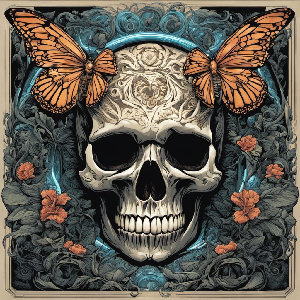 Skull Butterfly Graphic in Comic Book Art Style