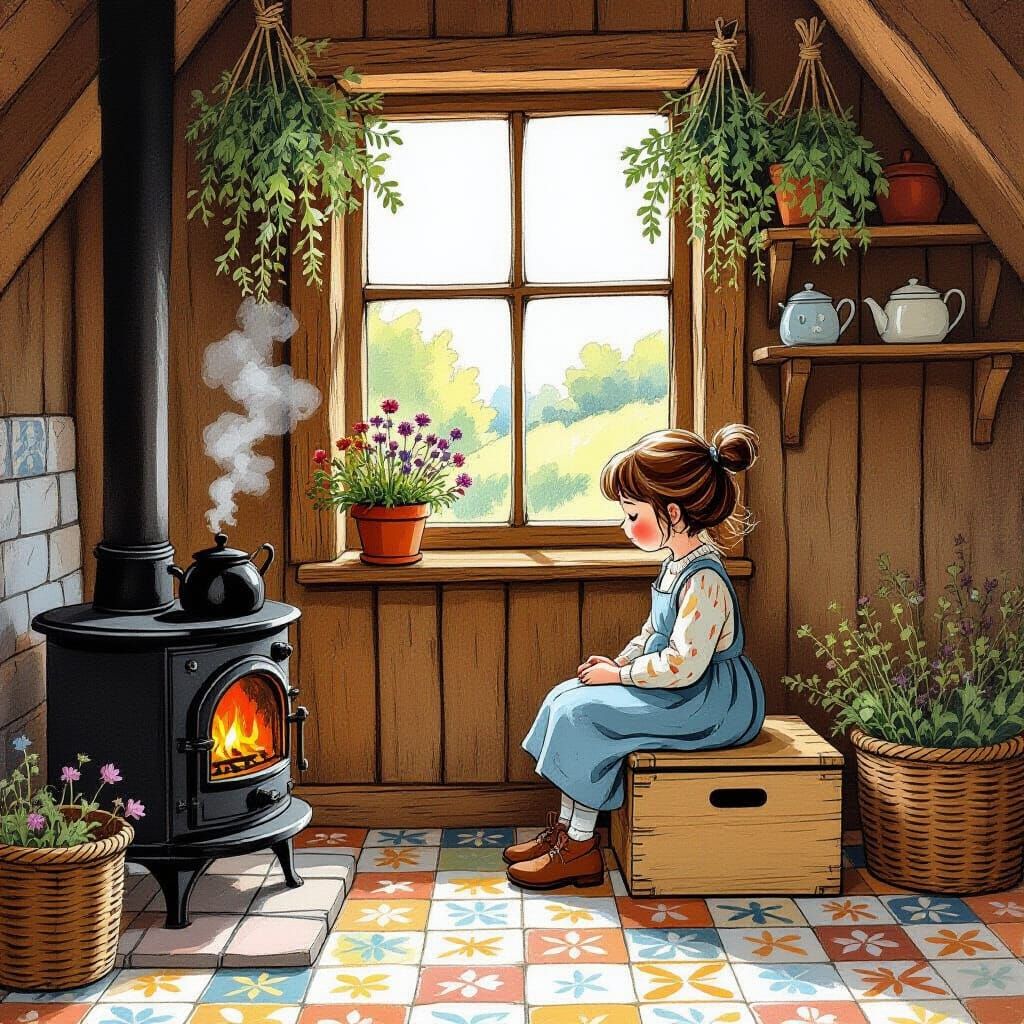 Charming Kitchen Scene in Classic Illustration Style