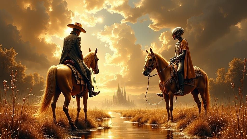 Surreal Alien Cowboy Meets Extraterrestrial on Horse