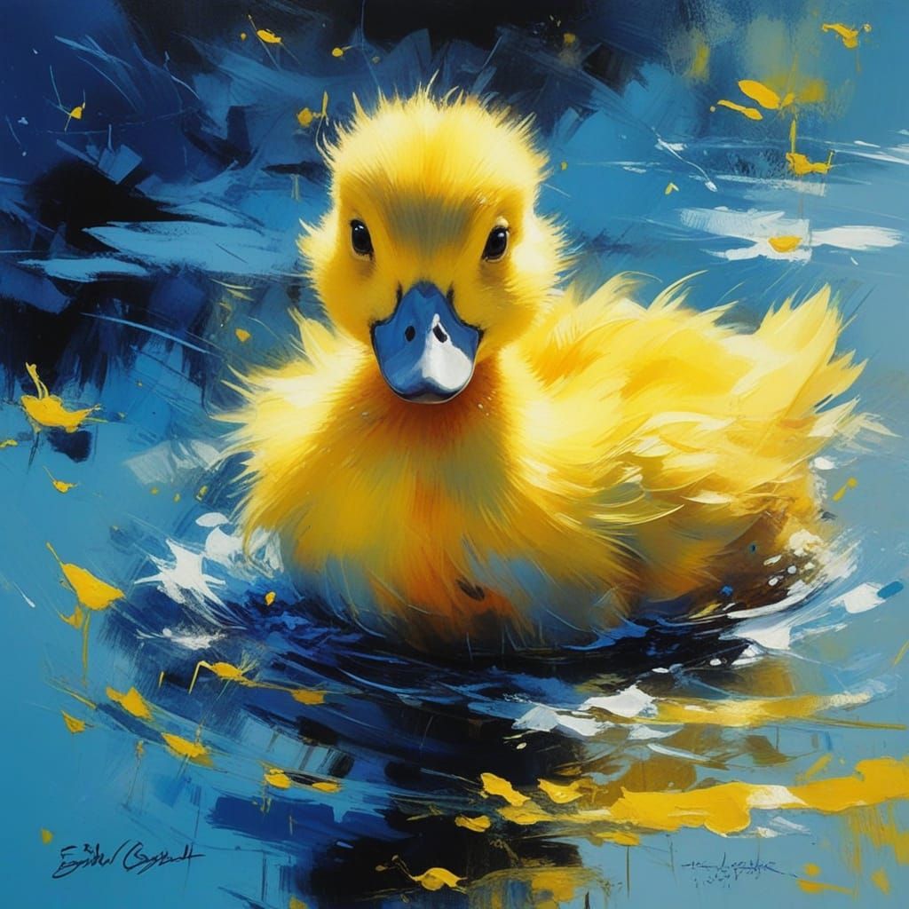 Yellow duckling in blue sea, happiness, Blacklight Neon, Sha...