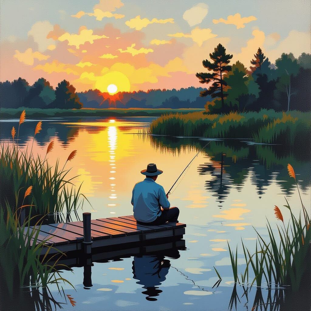Elderly Man Fishing in Serene Pond - Abstract Art
