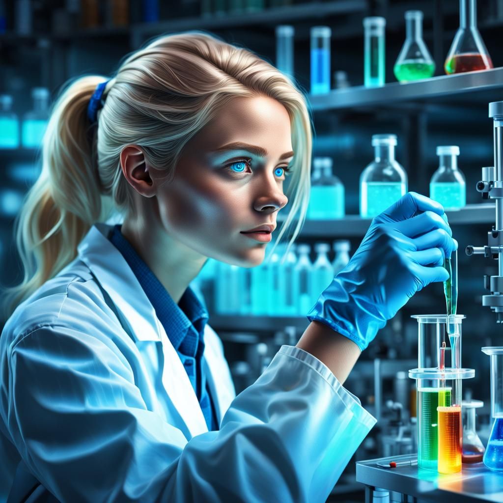 Blonde Scientist Mixing Luminescent Fluids in Laboratory