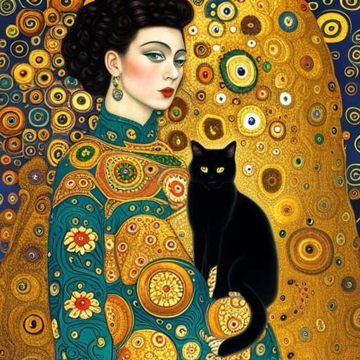 Black Cat in Art Nouveau Style With Gold Leaf