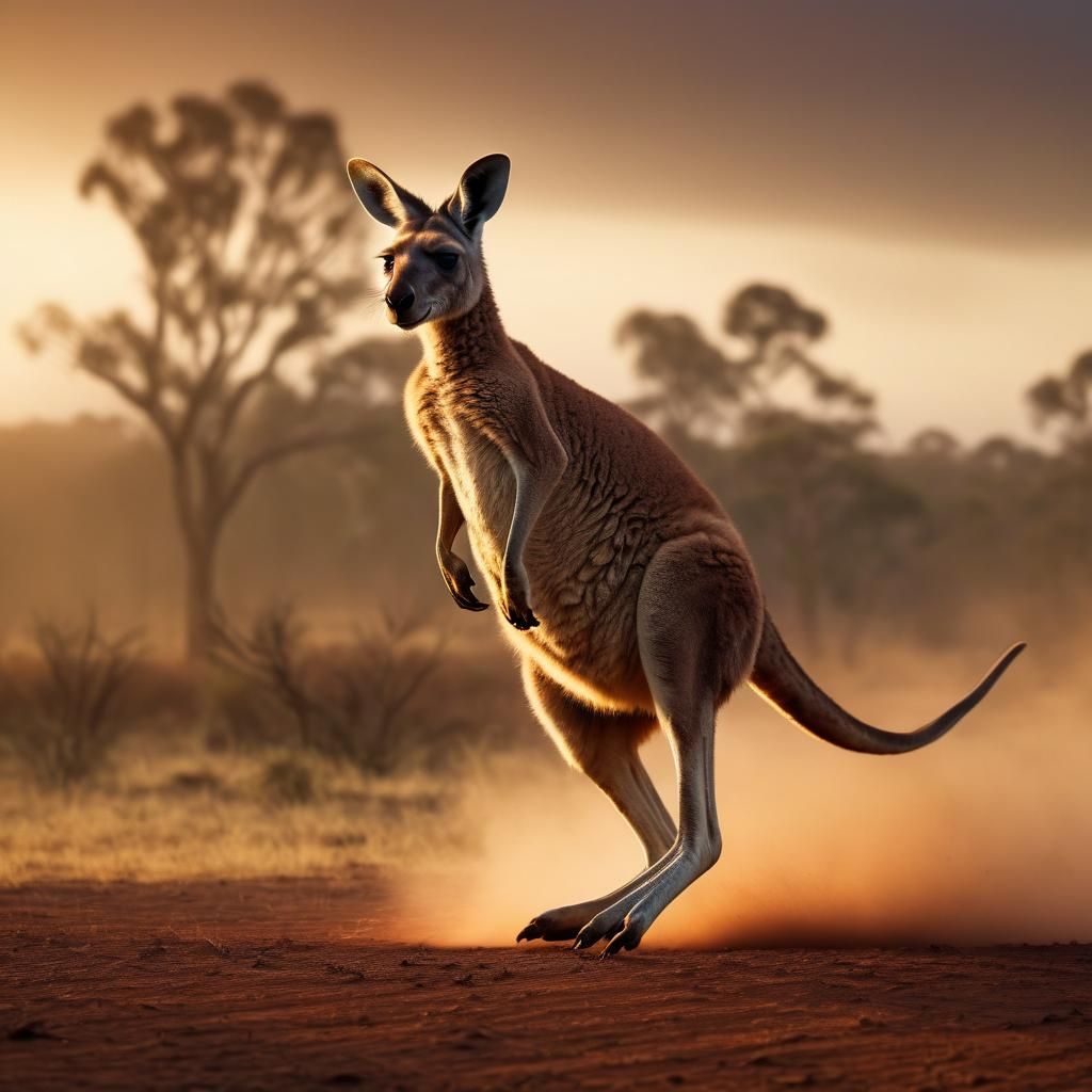 Kangaroo Leaping in Misty Outback: Wildlife Photography
