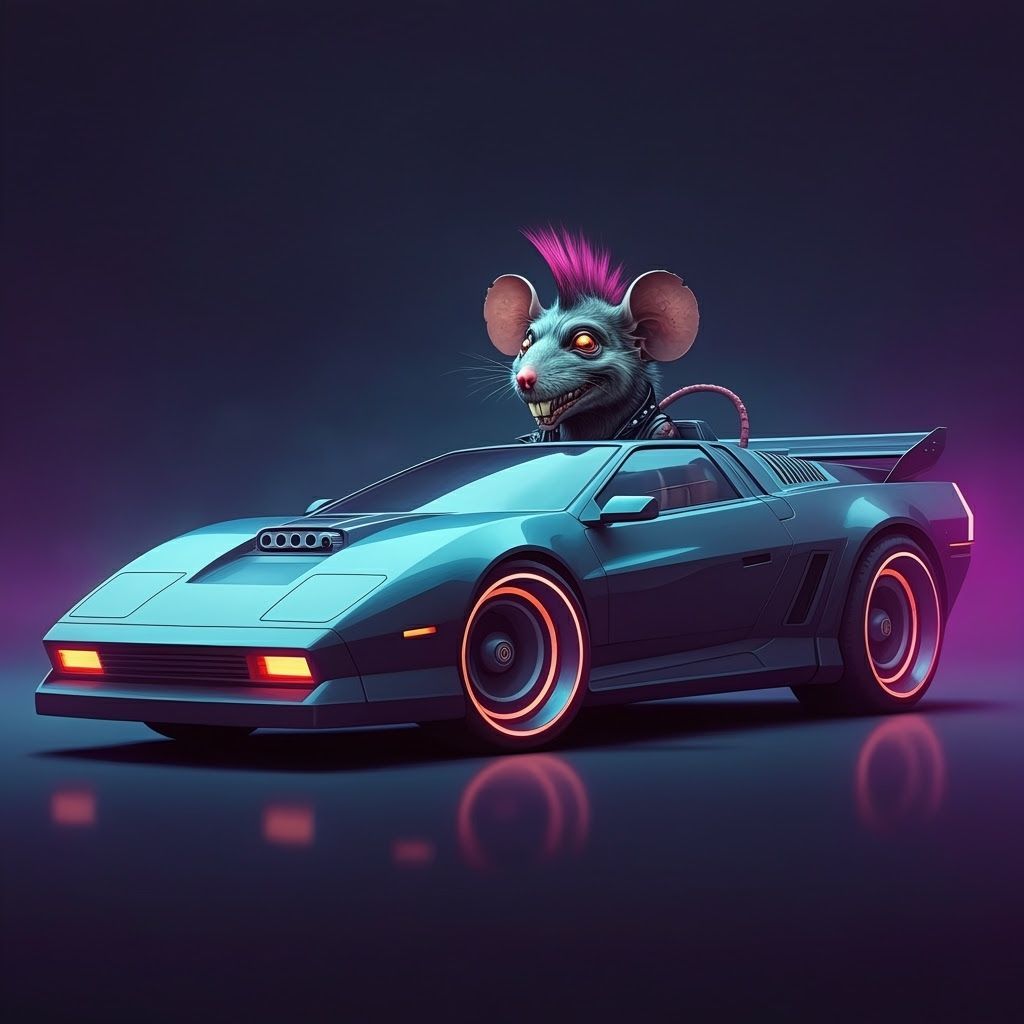 Grotesque Monster Drives Futuristic Car in Neon City