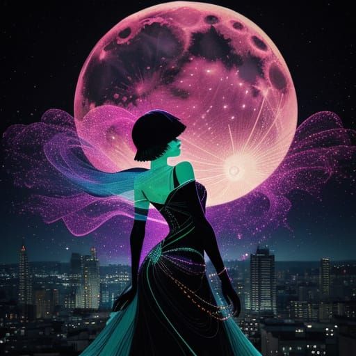 Flapper Silhouette in Vibrant Cityscape, Double Exposure