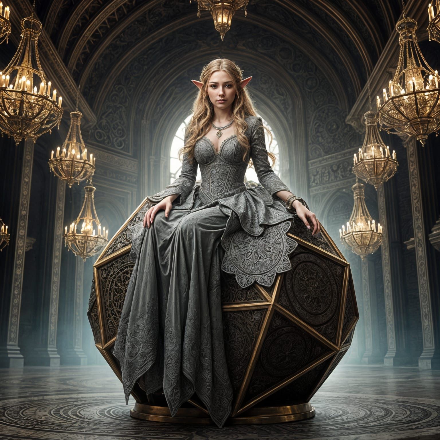 Elegant Elf Maiden Seated on an Ornate Bronze Dodecahedron