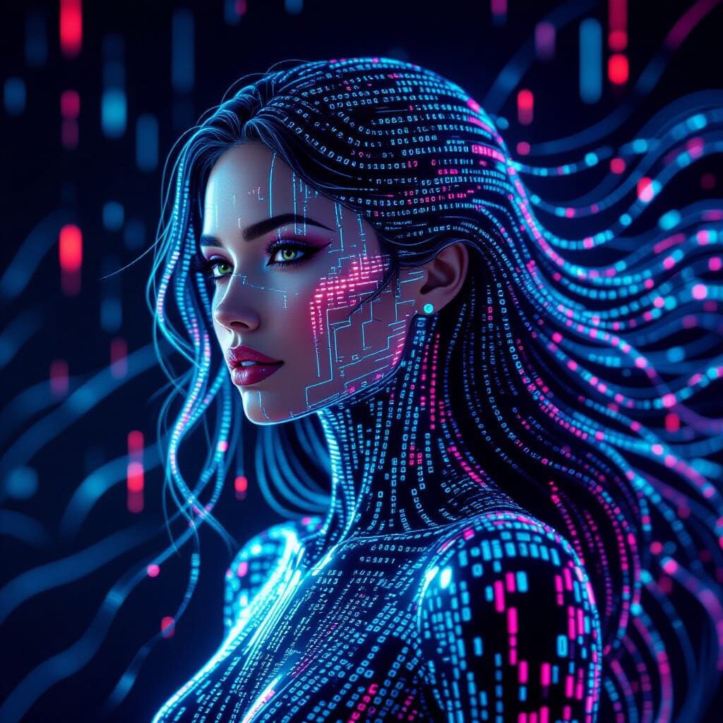 Woman's Portrait Made of Shimmering Binary Code