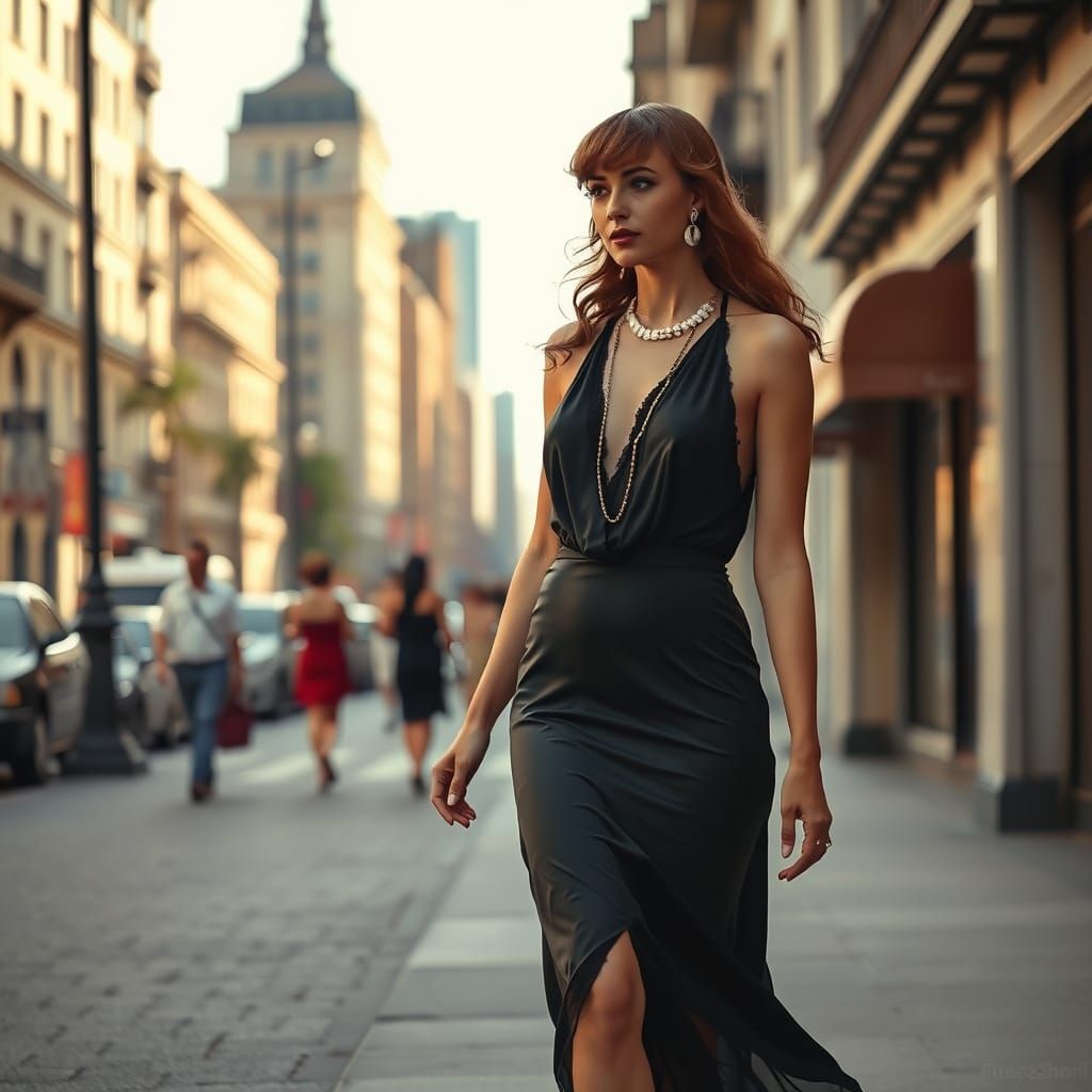 1920s Flapper Girl Strolls Down Art Deco Street