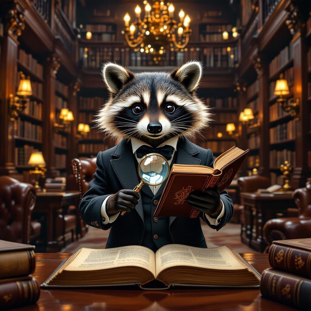 Dapper Raccoon in Library, Storybook Illustration