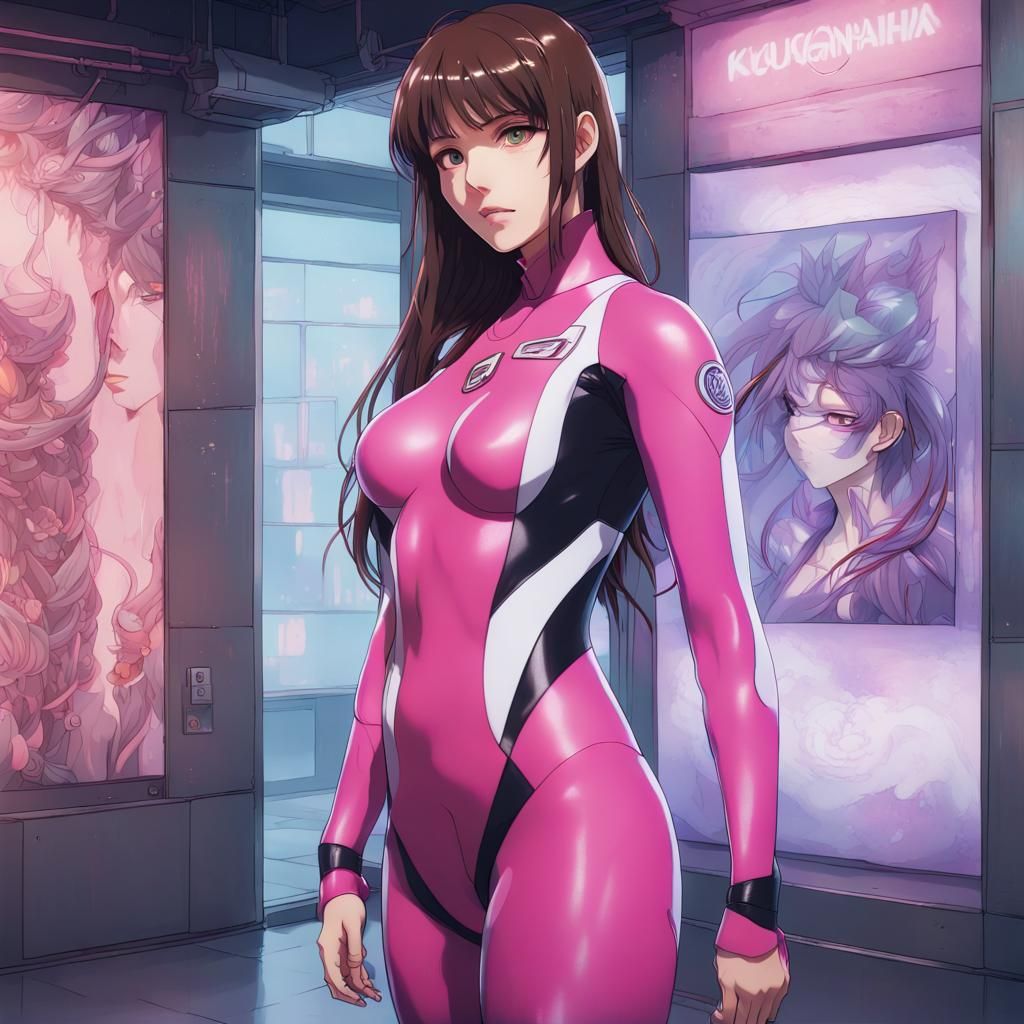 Cyberpunk Woman in Pink Wetsuit, Anime Style