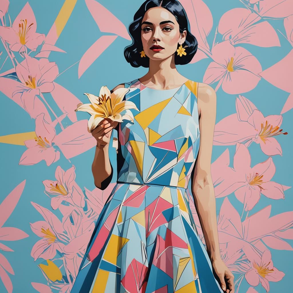 Pop Art Model with Lily in Geometric Screen Print