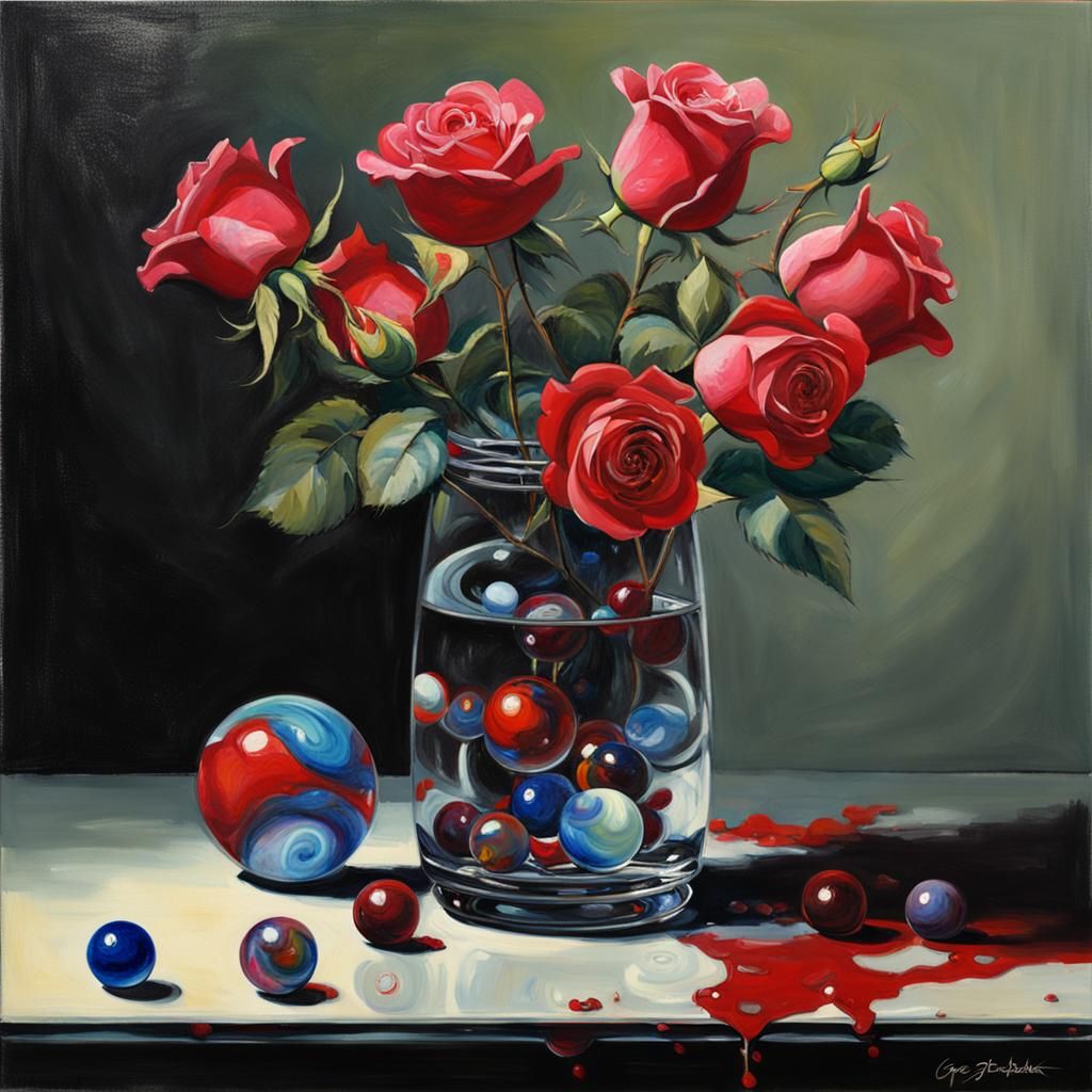 Sinister Roses and Marbles in Glass Vase