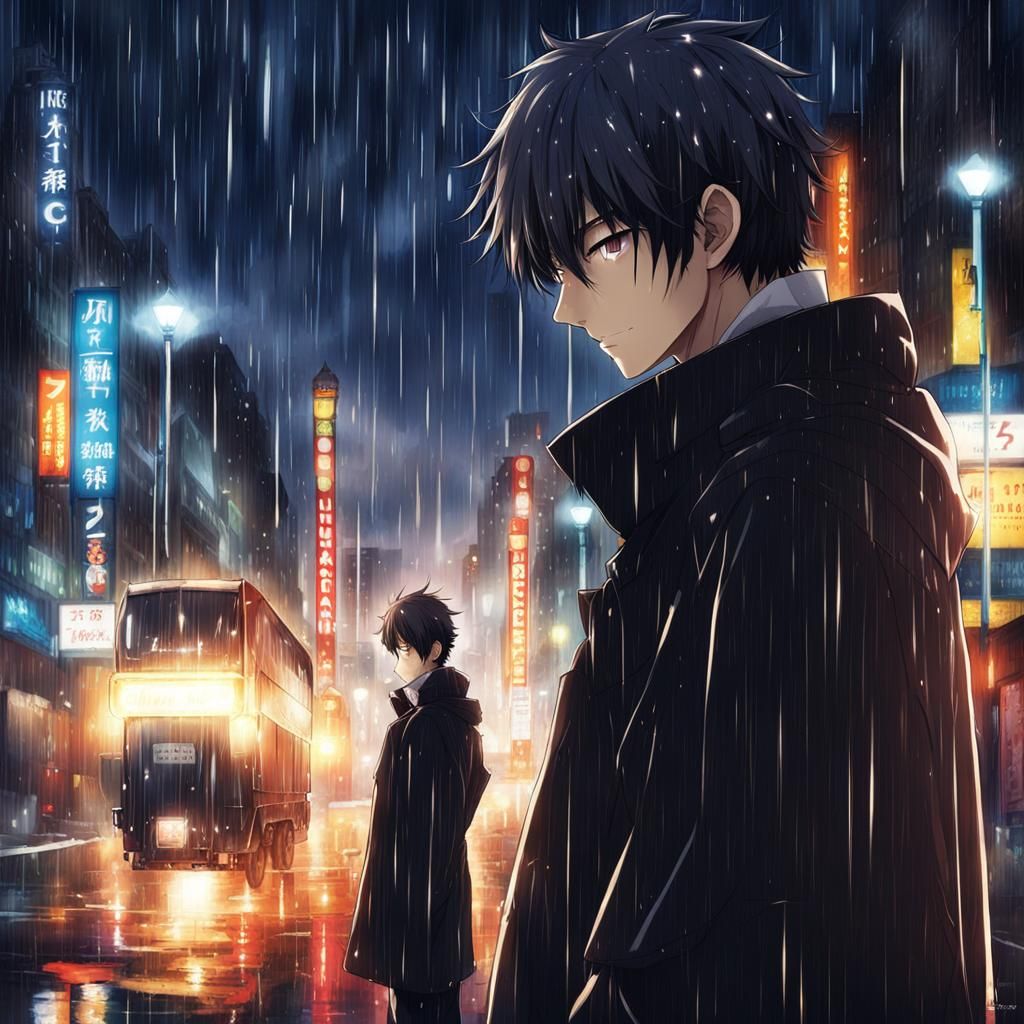 Rainy Anime Man with Long Arms