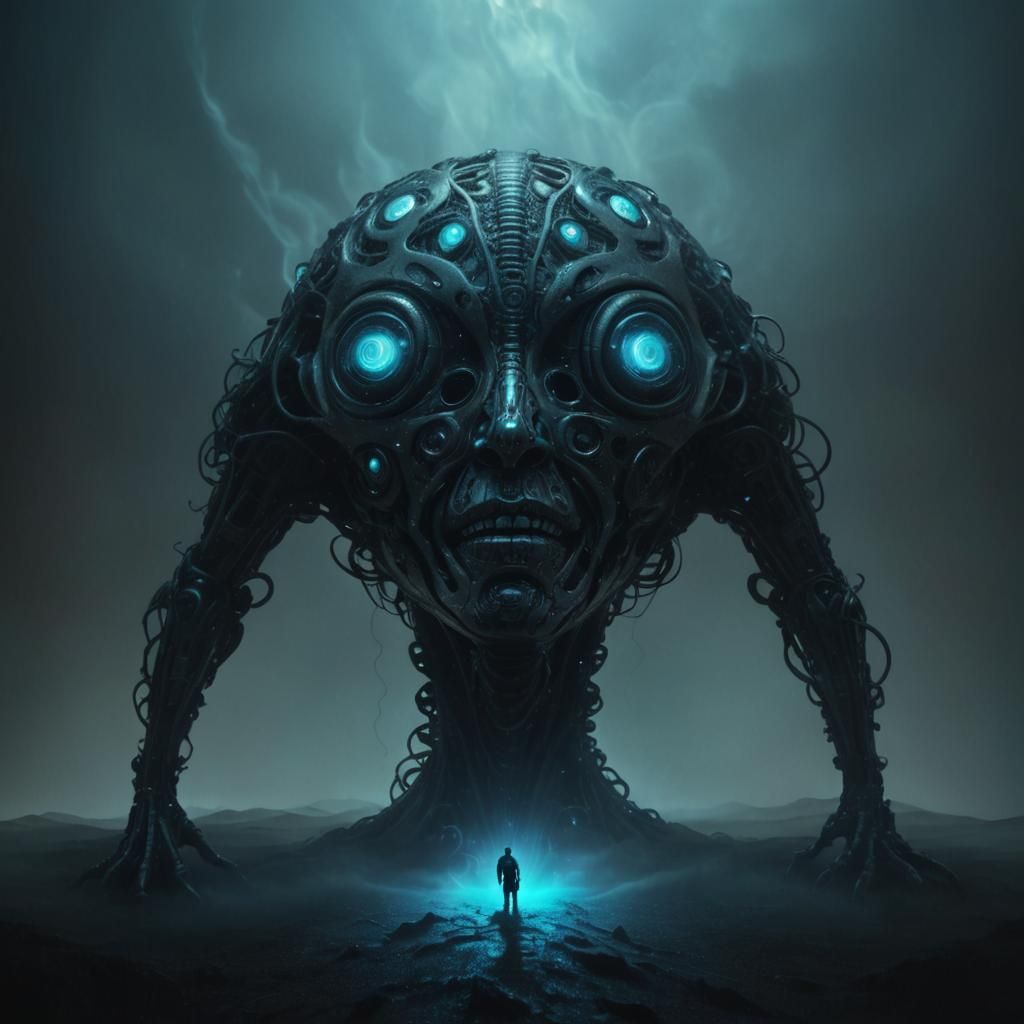 Surreal Humanoid with Multiple Faces in Neon Vortex