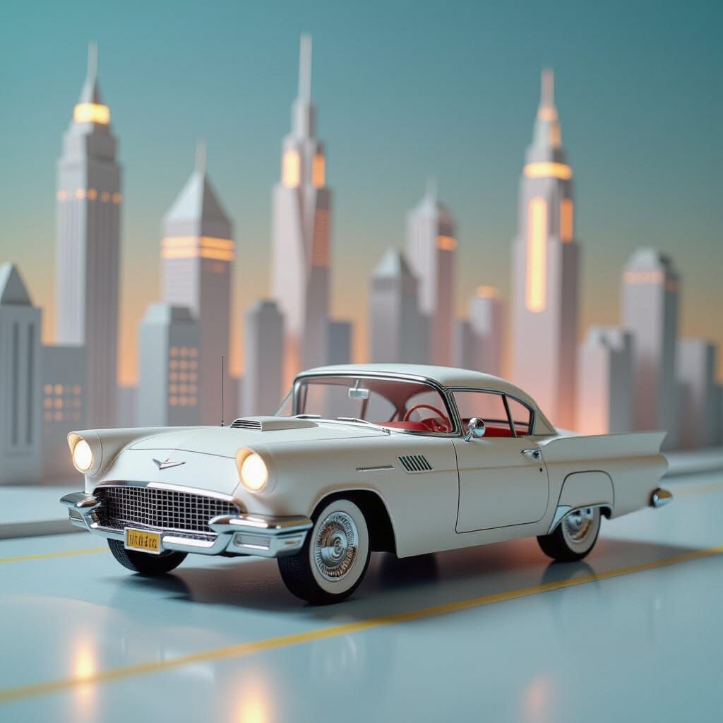Vintage Paper Car in Futuristic Cityscape