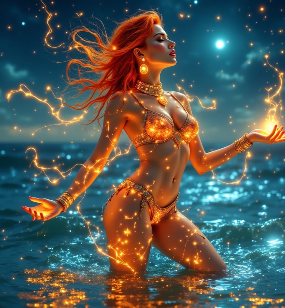 Redhead Casting Light in Starry Ocean